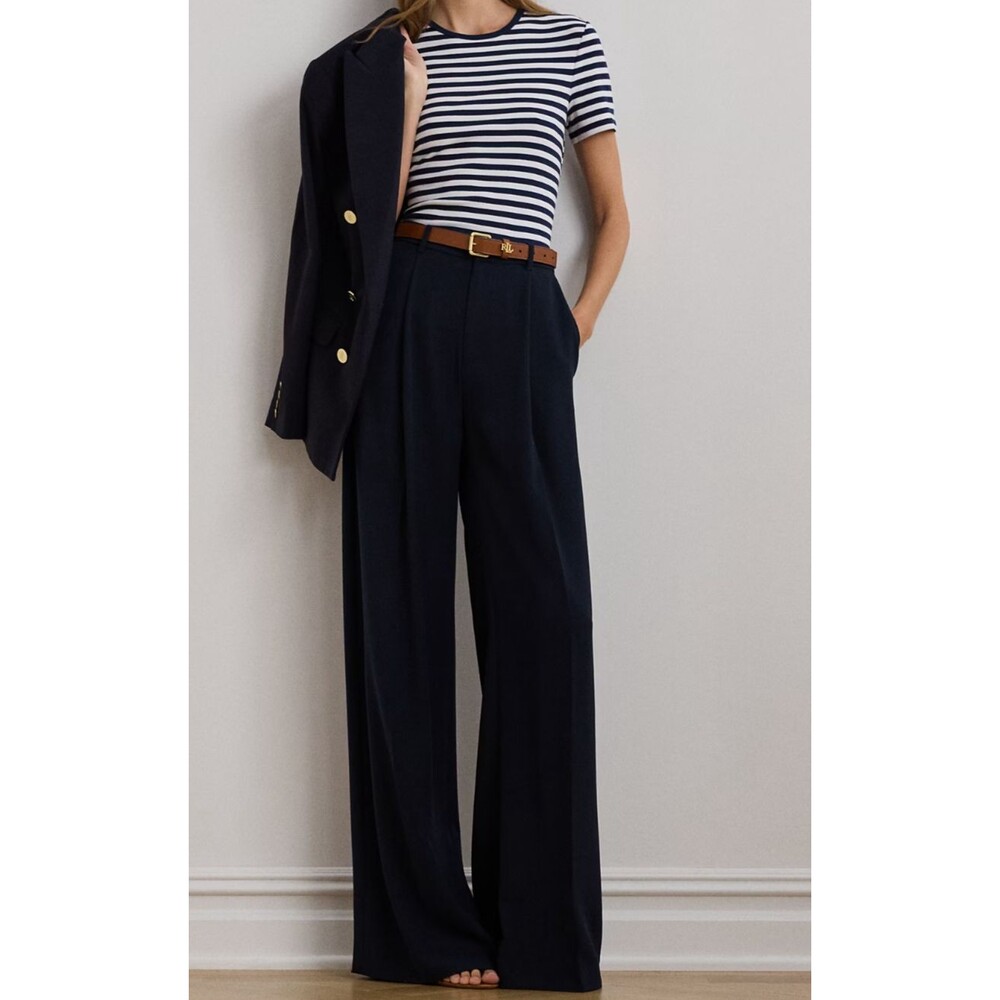 Lauren‎ Ralph Women 18 Black Label Georgette Wide Leg Pants Navy Blue g